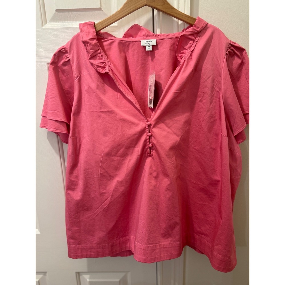 Crown & Ivy Pink Ruffle Collar Flutter Sleeve V-Neck Blouse‎ 4X NEW
